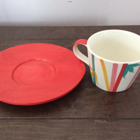 NEW Hues N Brews Ceramic Tea Cup & Wood Saucer Set BAMBOO RED PINK GREEN COFFEE - Picture 2 of 5